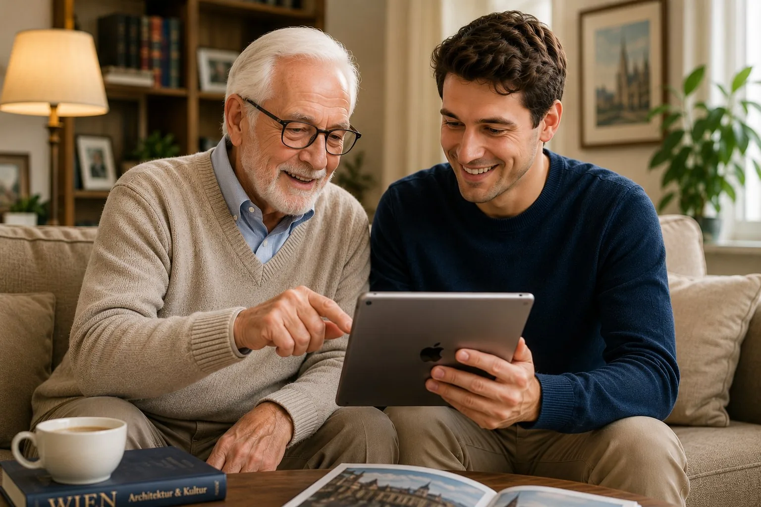 Ältere Dame und studentische Begleitung mit einem Tablet